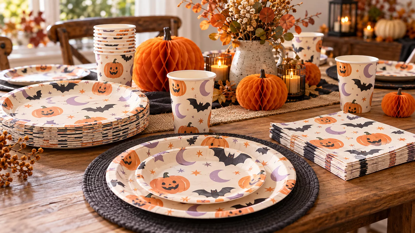 Coordinated Halloween paper plates, cups and napkins on a seasonal party table