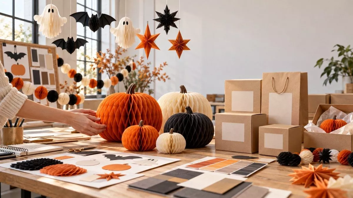 Custom Halloween honeycomb paper decorations with color samples and private label packaging mockups