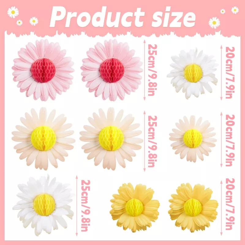 Daisy honeycomb paper flower party decorations size guide showing 25cm and 20cm dimensions in cm and inches