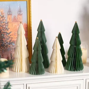 Dark Green Cream Pleated Paper Christmas Table Trees with Gold Ball Toppers