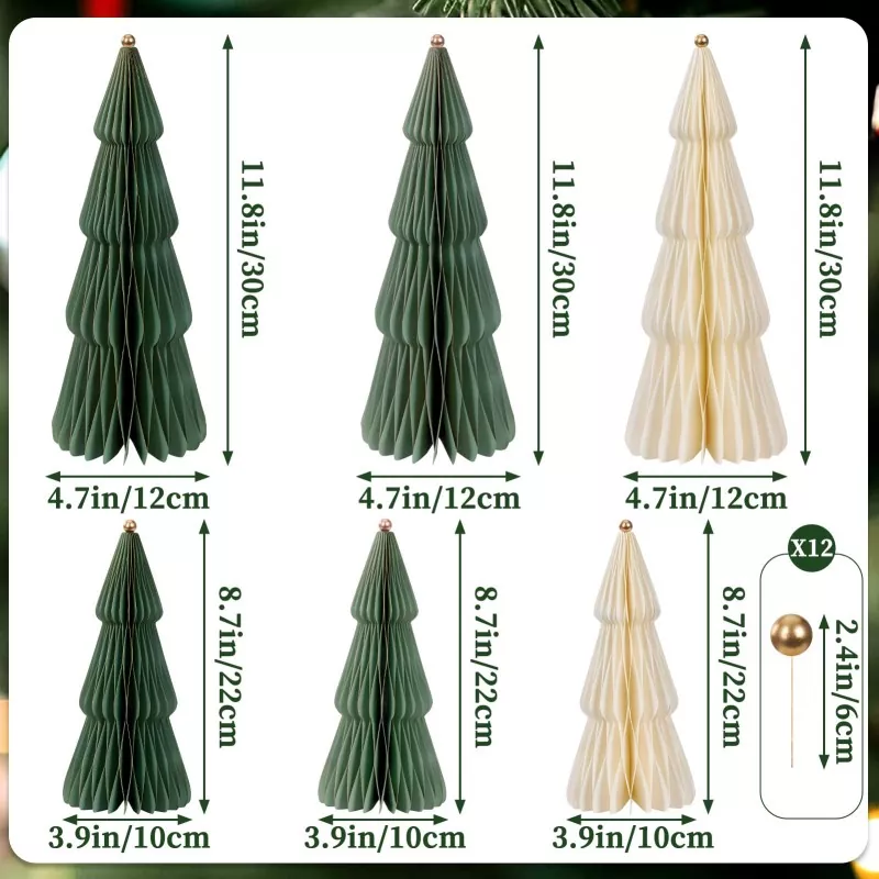 Dimension diagram for 6pcs foldable paper Christmas trees, 2 sizes 30cm and 22cm, dark green and cream, includes 12 gold bead topper accessories