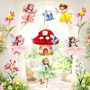 Enchanted forest party hanging decorations set, paper fairies with tulle skirts, honeycomb mushroom house and paper wildflowers hanging ornaments