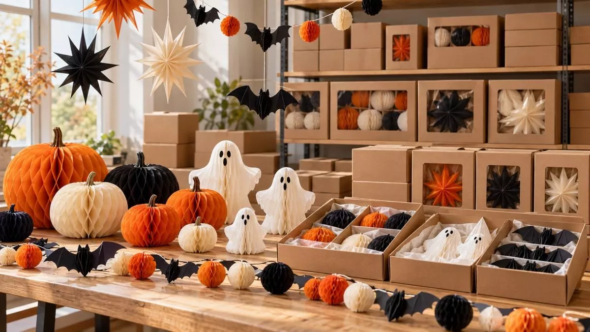 Existing Halloween paper decoration designs displayed with standard kraft packaging for wholesale orders