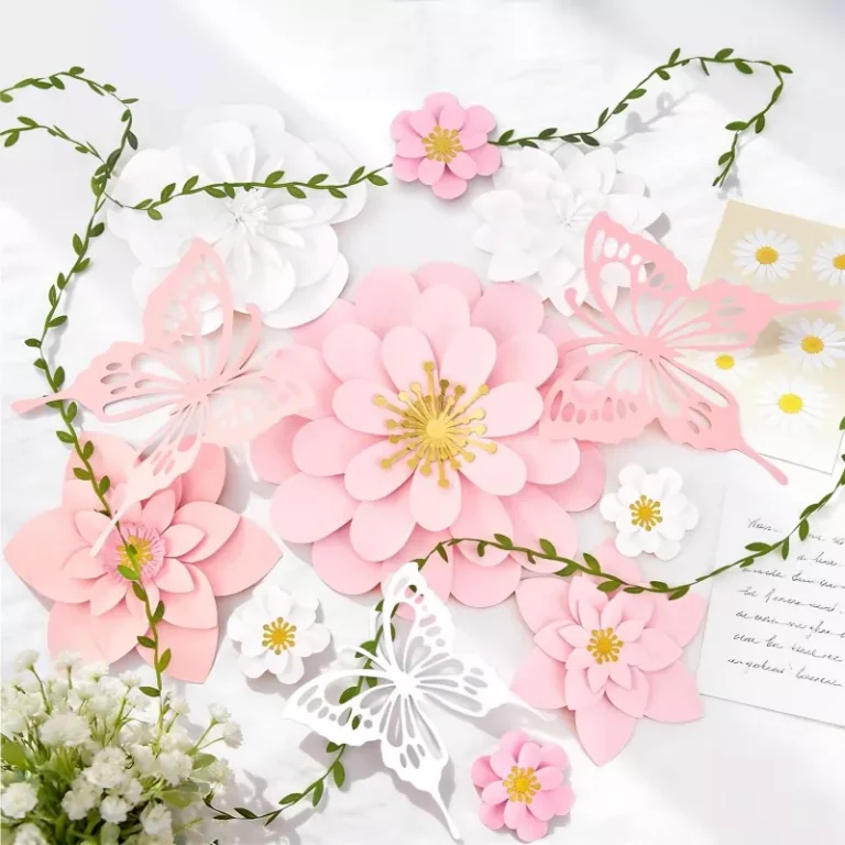 Flat lay of 3D paper flower butterfly kit, product styling photo