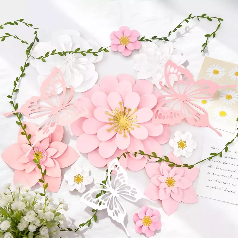 Flat lay of 3D paper flower butterfly kit, product styling photo