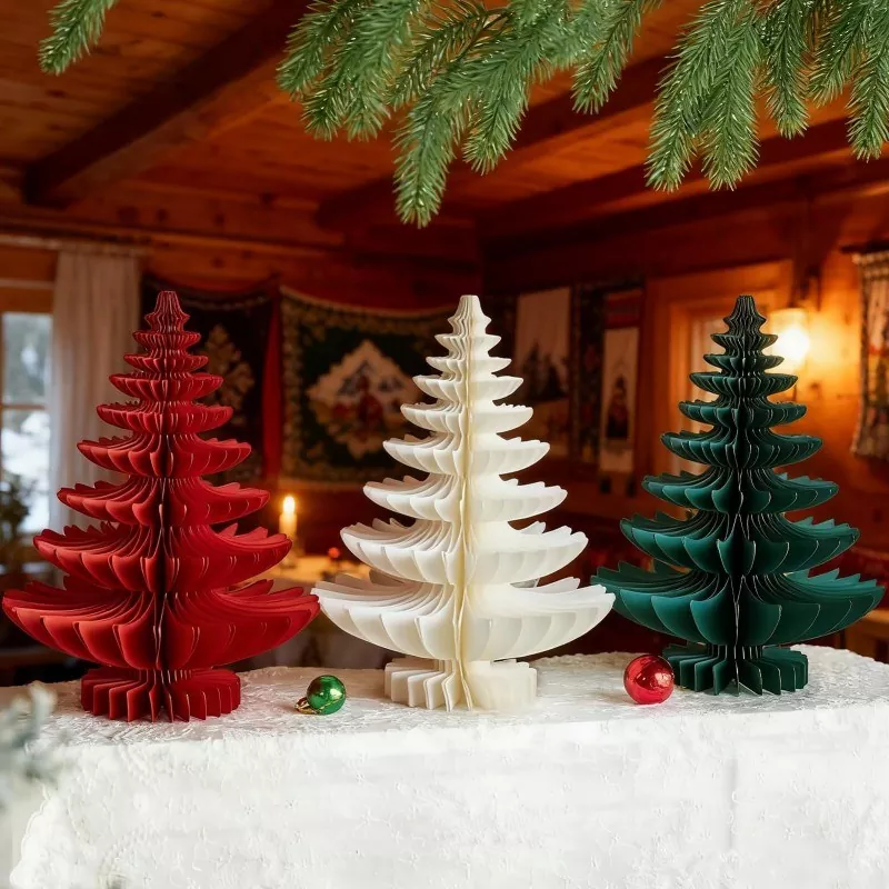 Foldable paper Christmas trees decor in rustic cabin home setting