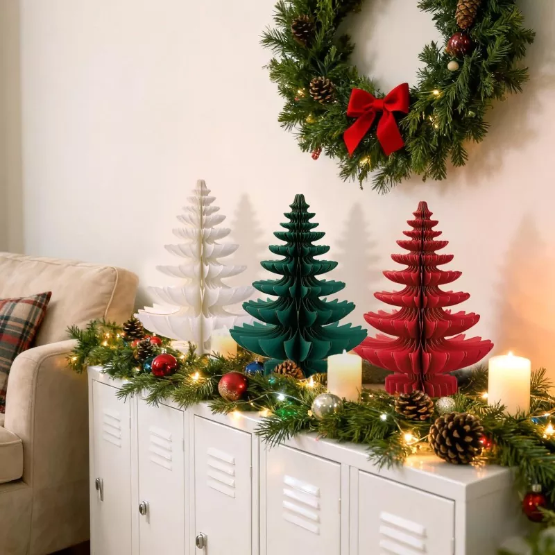 Foldable paper Christmas trees decorating living room cabinet mantel
