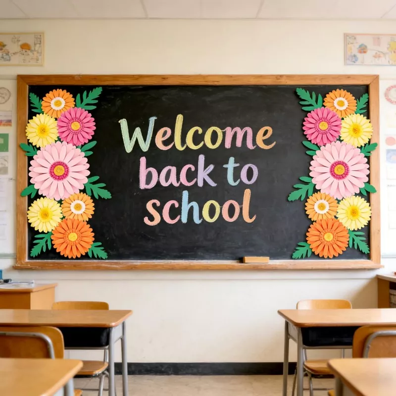 Gerbera paper flowers on classroom chalkboard, welcome back to school bulletin board decor