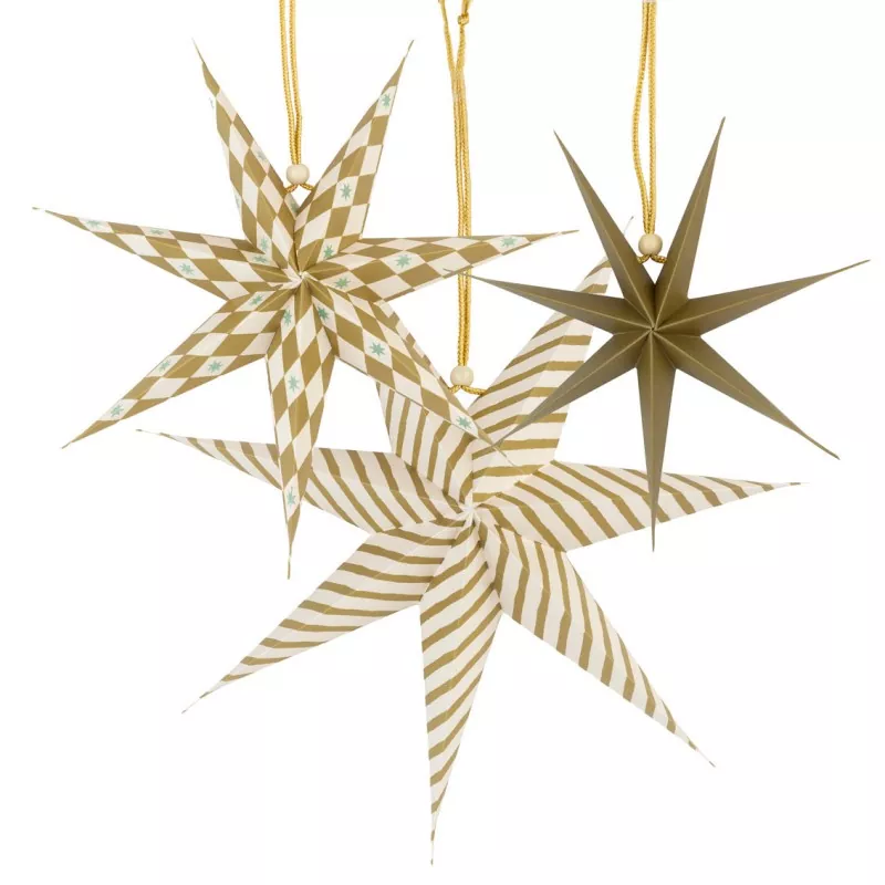 Gold and white patterned hanging paper star decorations closeup