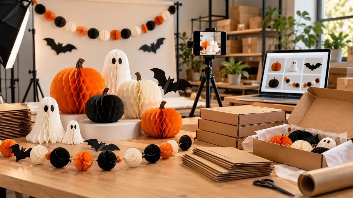 Halloween paper decoration kit photographed for online stores beside flat-pack shipping boxes