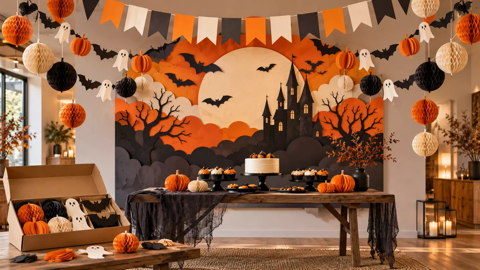 Halloween party kit with paper garlands, pennant banner and haunted castle backdrop in a decorated venue