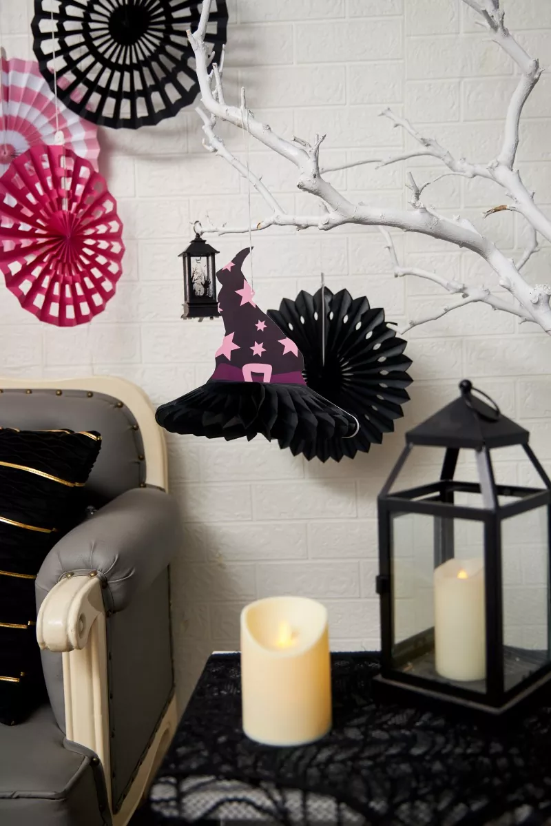 Halloween witch hat hanging honeycomb decor with lanterns