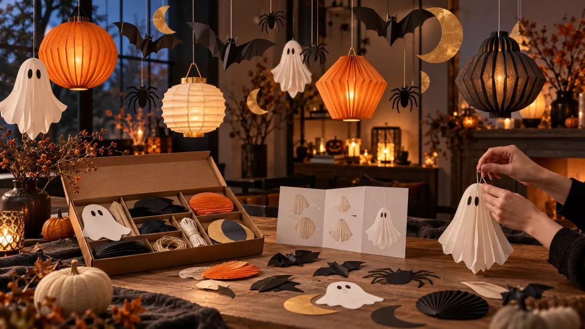 Hands assembling Halloween paper decorations including ghost, bat and pumpkin honeycomb ornaments on wooden table with craft kit.