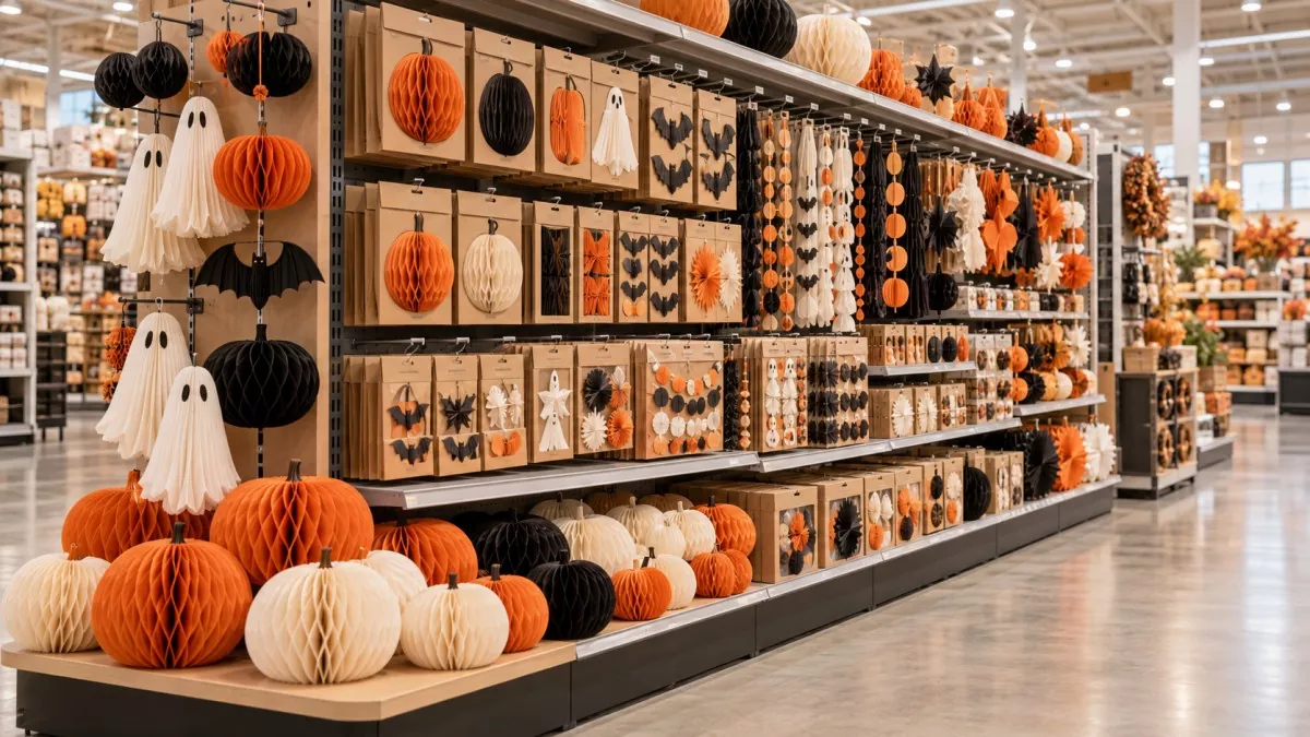 Multi-SKU Halloween paper decorations displayed in coordinated packaging on a retail store aisle