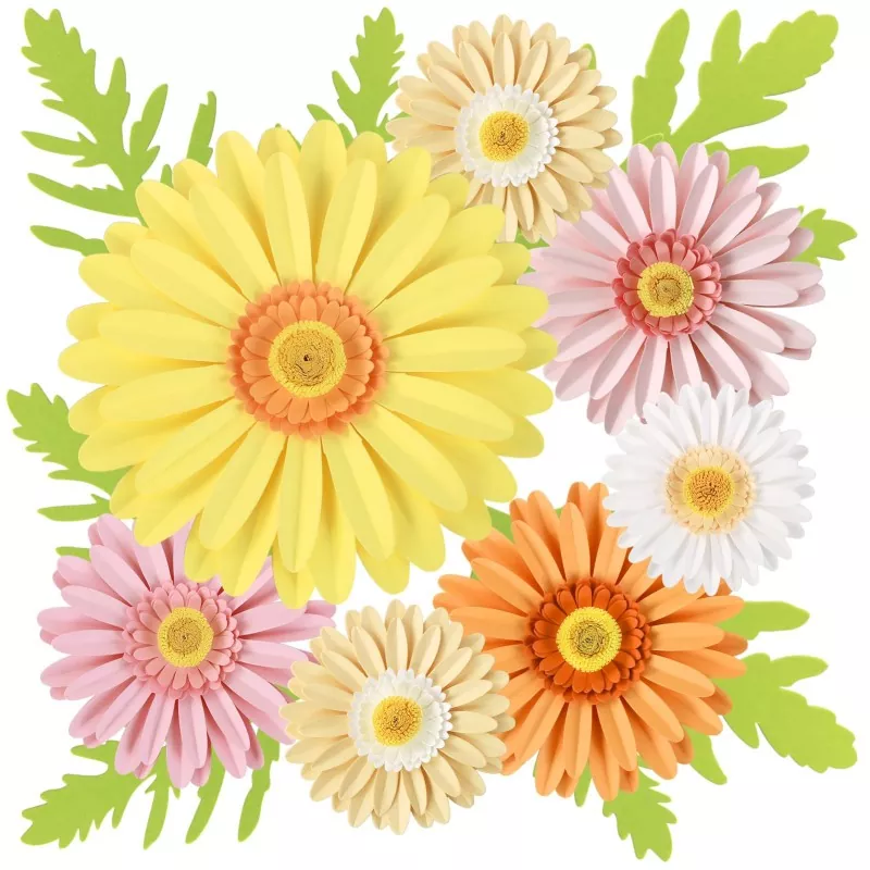 Multicolor 3D gerbera paper flowers set isolated on white background, product flat composition