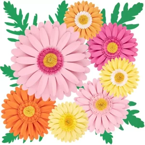 Multicolor 3D gerbera paper flowers with green leaves, studio isolated product shot