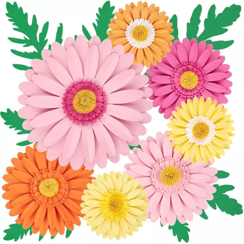 Multicolor 3D gerbera paper flowers with green leaves, studio isolated product shot