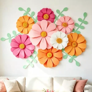 Multicolor 3D paper flower wall art for living room home decoration
