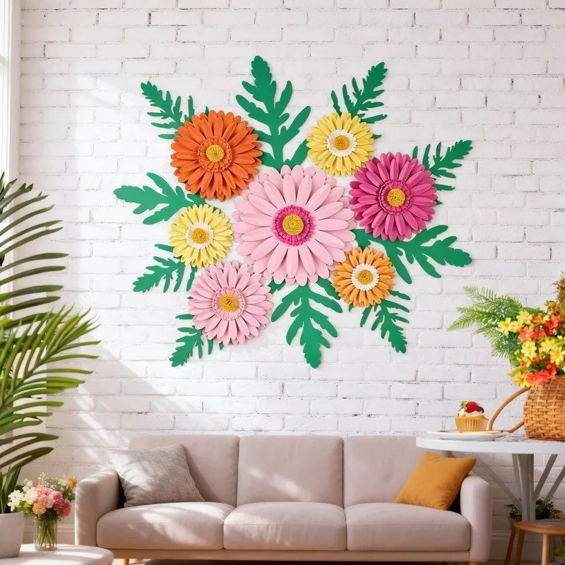 Multicolor gerbera 3D paper flowers wall decor on white brick living room wall