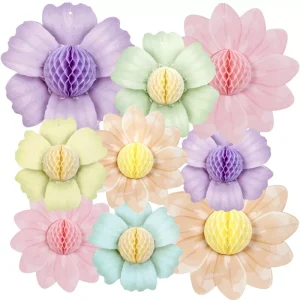 Multicolor pastel daisy honeycomb paper flowers, isolated studio full‑product flat‑lay