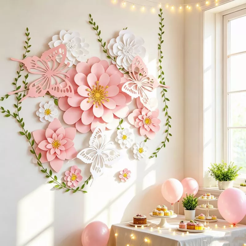 Paper flower butterfly backdrop for baby shower, dessert table party scene