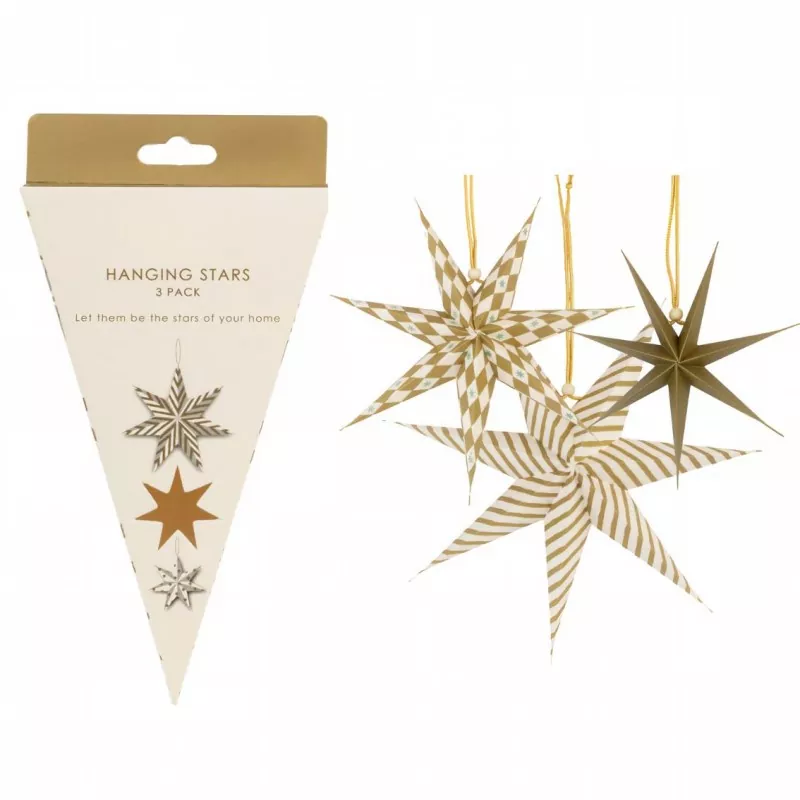 Paper star Christmas ornaments styled on fireplace mantel