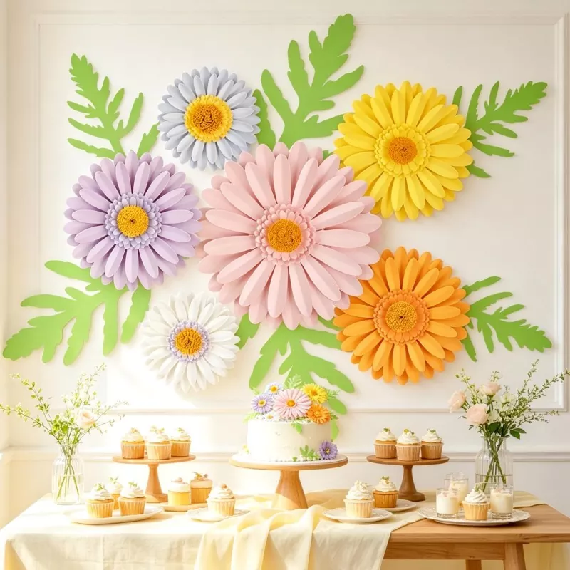 Pastel 3D paper gerbera daisy wall decor, birthday party dessert table backdrop