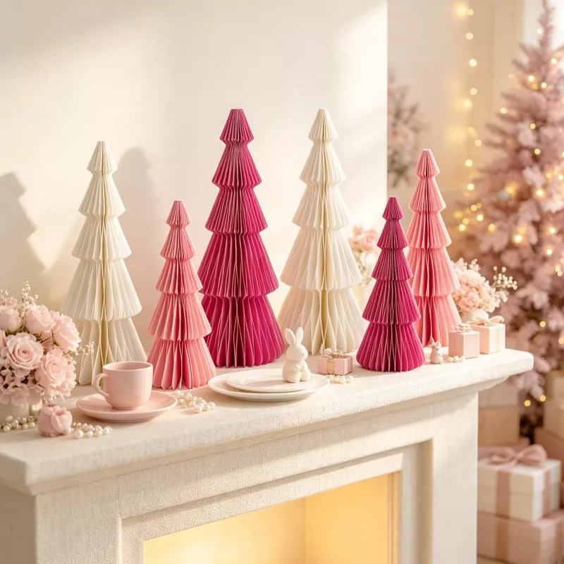 Pastel Pink Honeycomb Paper Christmas Trees on Fireplace Mantel