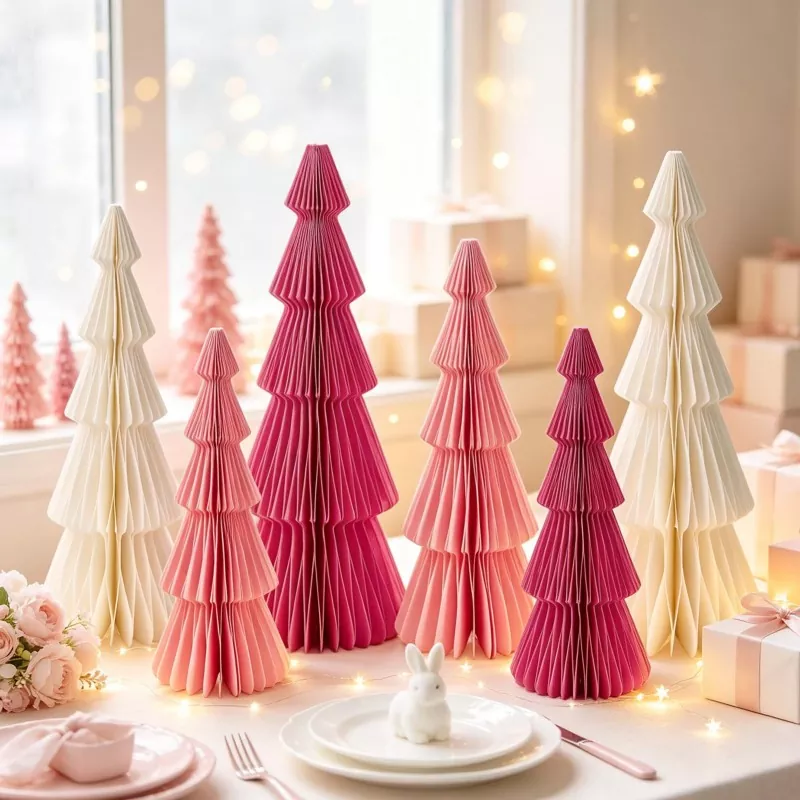 Pastel Pink Pleated Paper Christmas Trees Table Home Decor