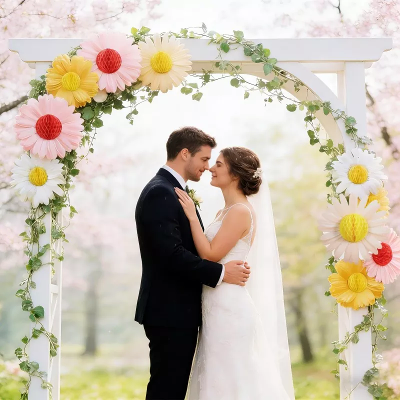 Pastel daisy honeycomb paper flowers decorating white wedding arch with green foliage, bride and groom portrait