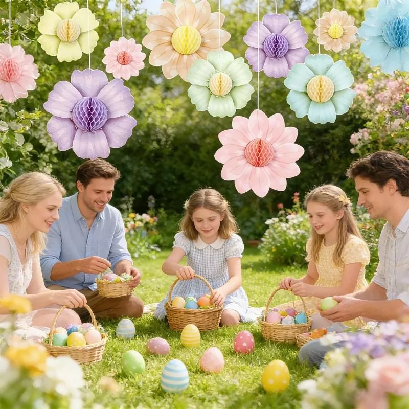 Pastel flower honeycomb hangings, outdoor garden Easter egg hunt family party styling