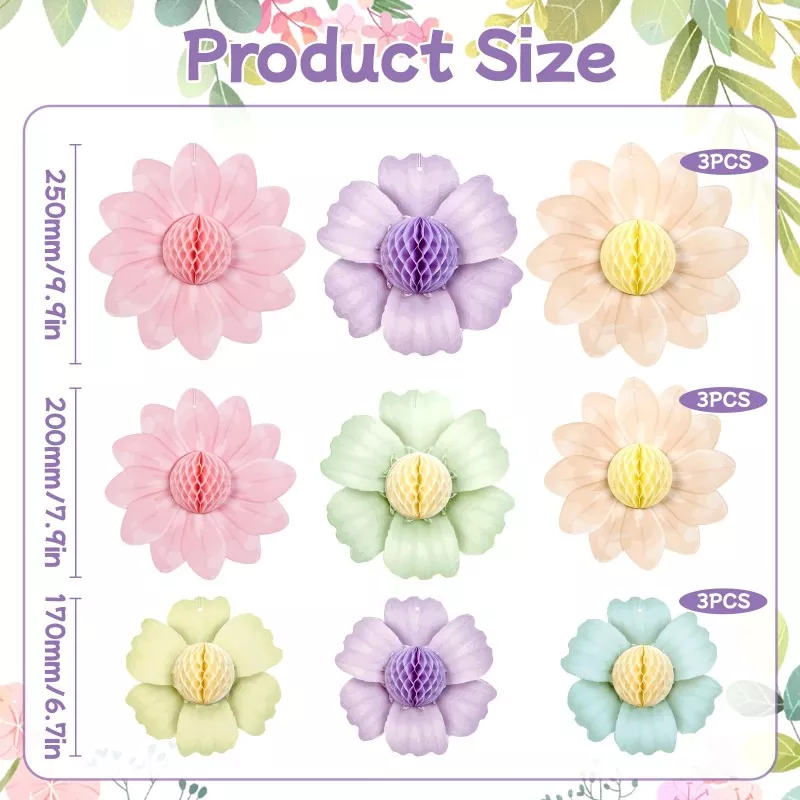 Pastel honeycomb flower decor size spec chart, shows 3 sizes and color‑quantity details