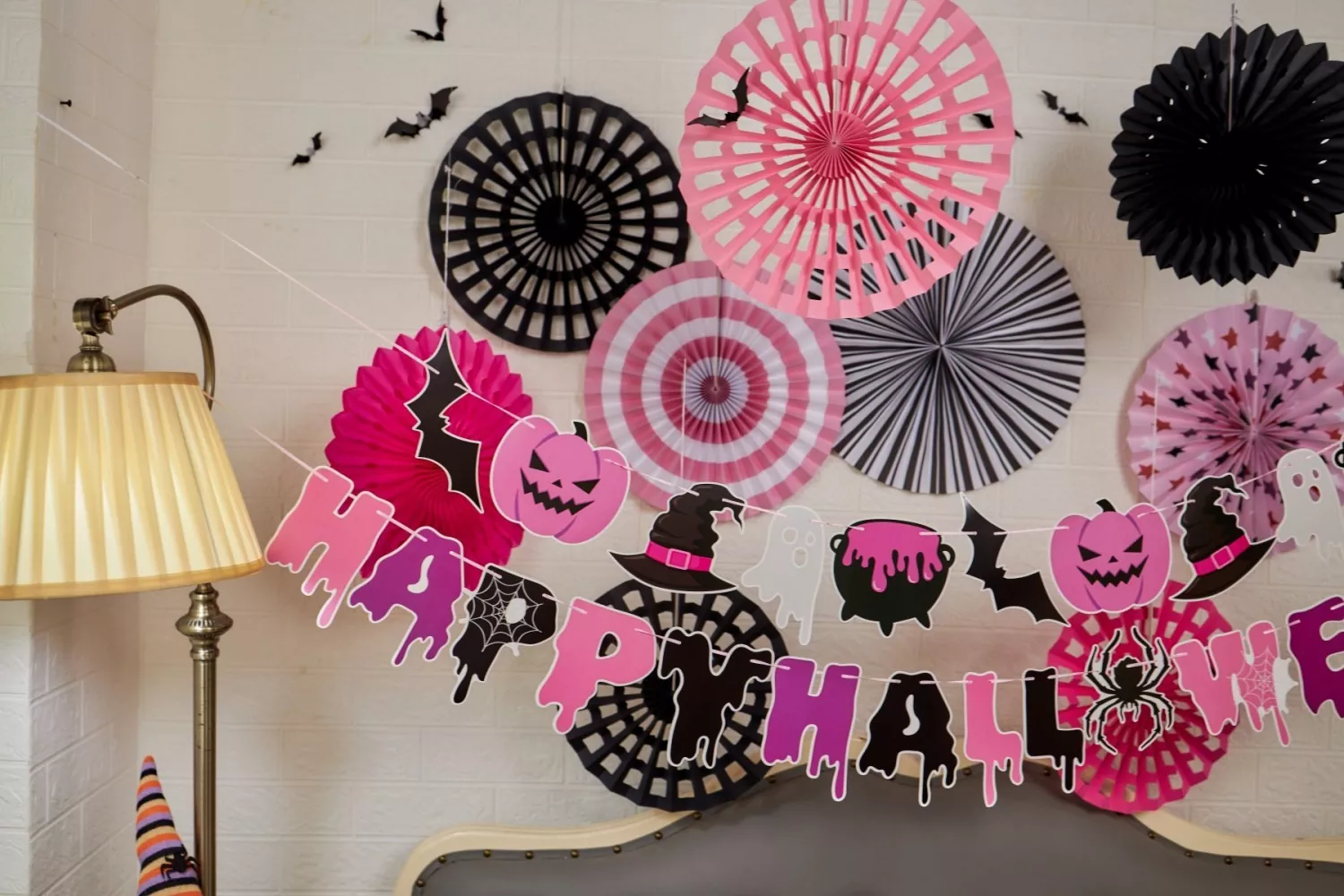 Pink black Happy Halloween banner paper fan wall decor for party