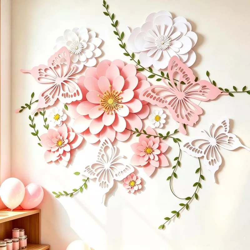 Pink white 3D paper flowers and butterfly wall decor, girl room backdrop