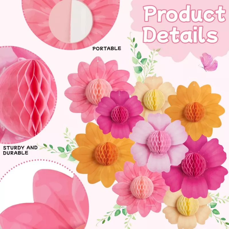 Product details illustration of honeycomb paper flowers, highlights sturdy paper material and portable pre-cut flower ornaments