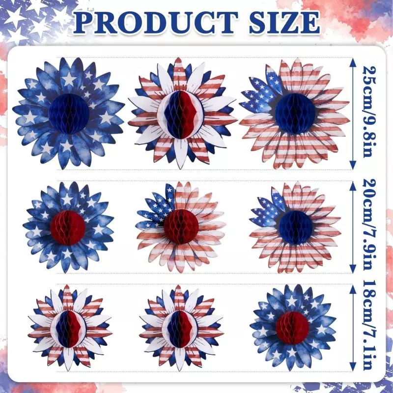 Product size chart of patriotic sunflower honeycomb paper flowers showing dimensions 25cm,20cm,18cm in centimeters and inches
