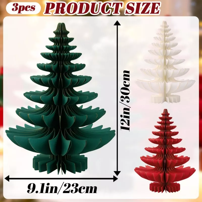 Product size diagram for 3pcs foldable paper Christmas trees, dimensions 12in30cm height, 9.1in23cm width