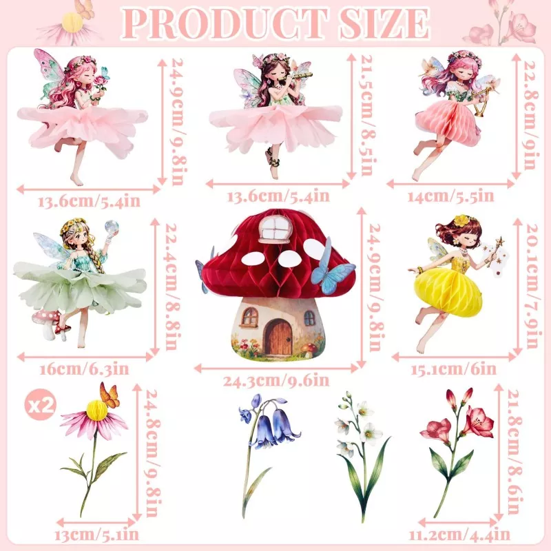 Product size diagram for fairy honeycomb hanging decorations, fairy cutouts, mushroom house and paper flowers with cm & inch dimensions