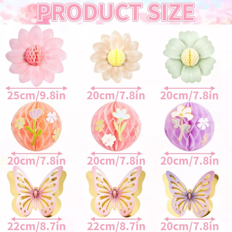 Product size diagram for pastel paper honeycomb flowers and foil butterfly hanging ornaments with inch and cm measurements