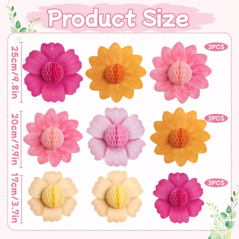 Product size guide for honeycomb paper flower decorations, shows 3 sizes with cm & inch measurements and quantity breakdown