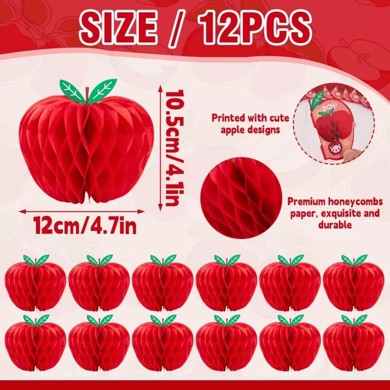 Red apple honeycomb decor spec sheet, 12‑piece set with size and material introduction