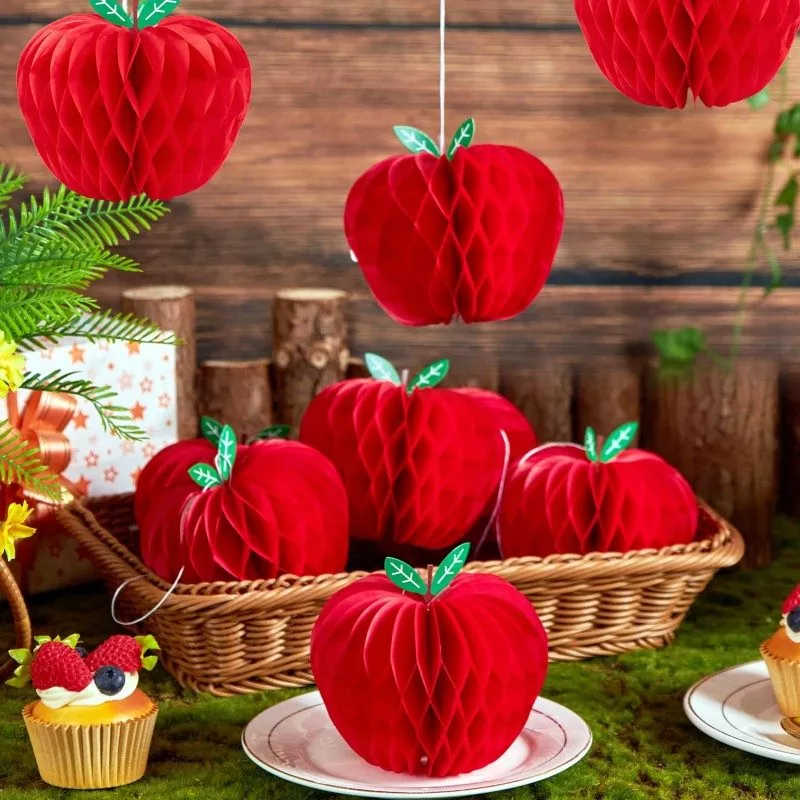Red apple honeycomb hanging decor, rustic fall harvest party table & hanging styling