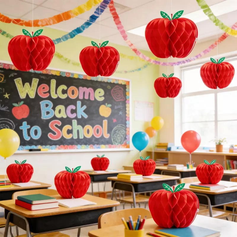 Red apple honeycomb ornaments decorating classroom for welcome back‑to‑school event