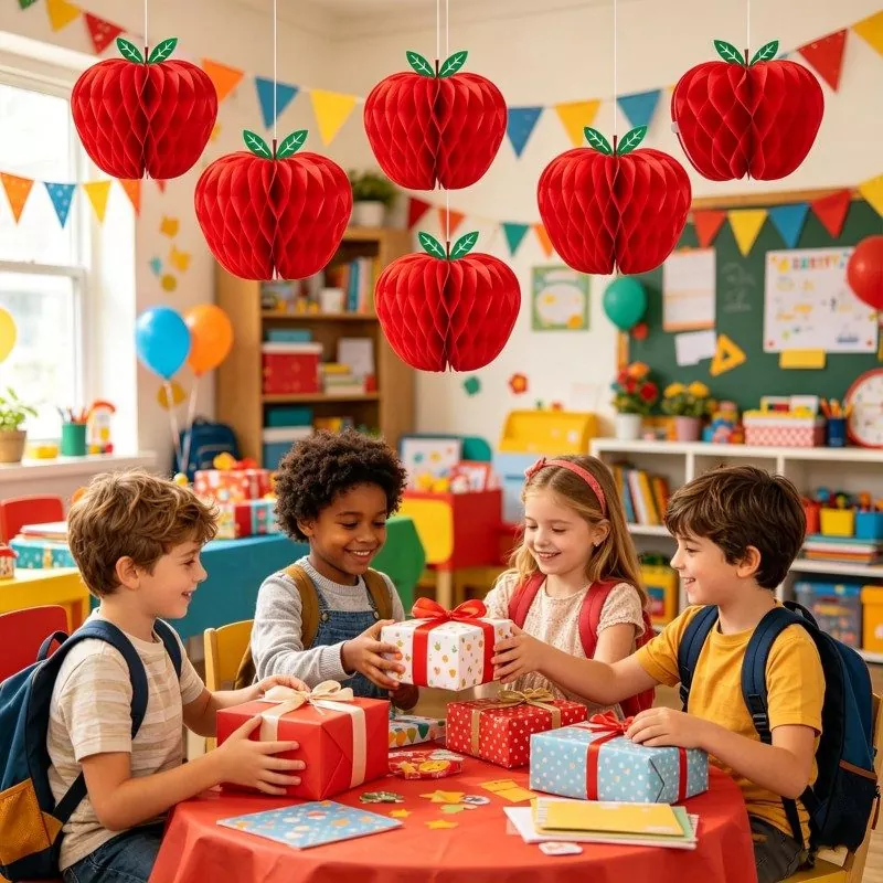 Red apple honeycomb paper hangings, back‑to‑school classroom decor lifestyle shot