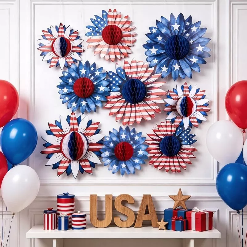 Red white blue American flag sunflower honeycomb paper flower wall decor, USA wooden letters, patriotic balloons and gift boxes for 4th of July party backdrop