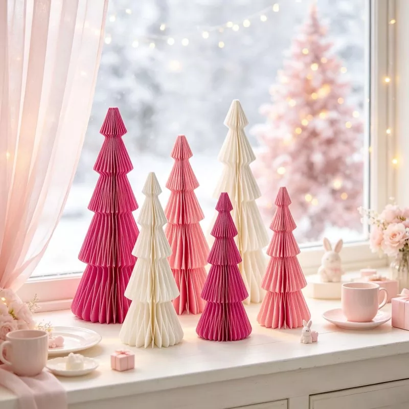 Set of 6 pleated honeycomb paper Christmas table trees in magenta, blush pink and cream white, styled on windowsill with snowy outdoor view, pink curtain, bunny figurines and mugs