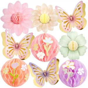 Set of pastel paper honeycomb flowers and gold foil butterfly hanging cutouts isolated on white background