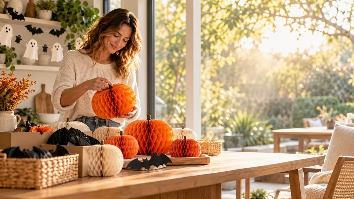 Shopper selecting honeycomb paper pumpkins and Halloween party decorations in late-summer sunlight
