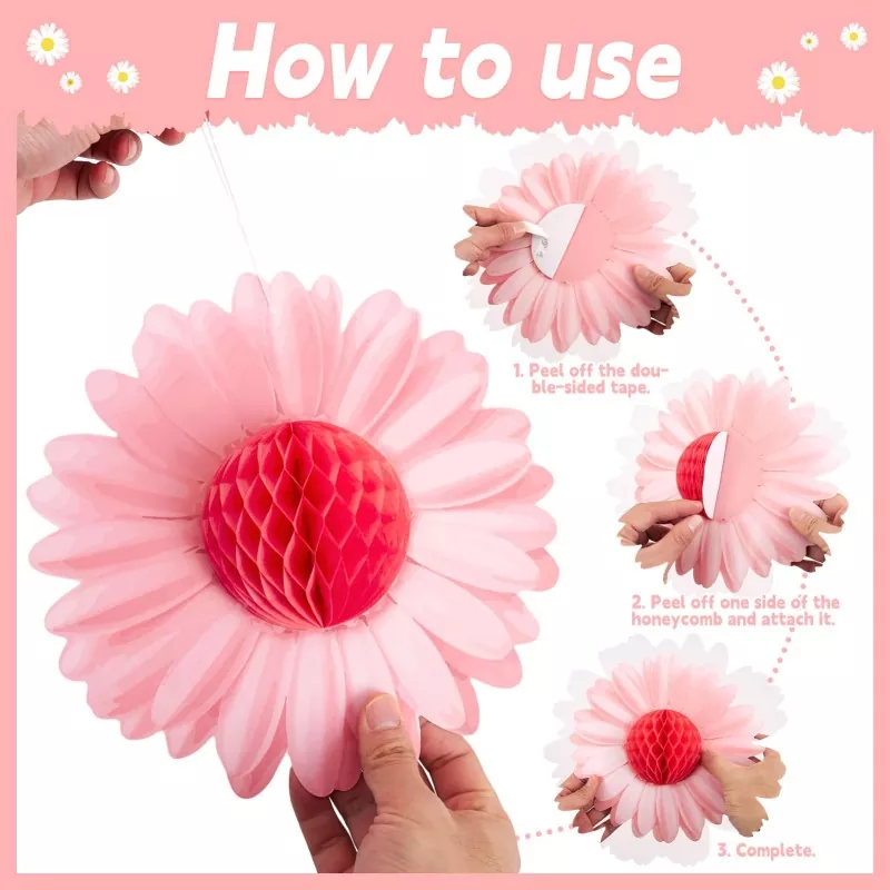 Step by step DIY assembly instructions for pink daisy honeycomb paper flower hanging party ornament