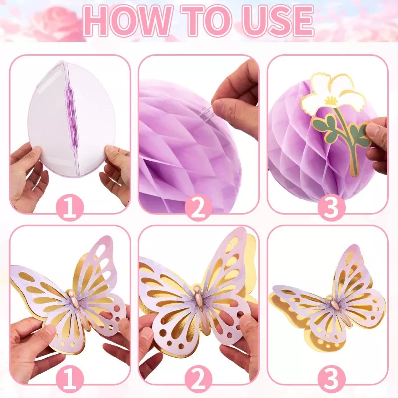 Step-by-step assembly guide for honeycomb paper balls and 3D gold foil butterfly hanging party decorations